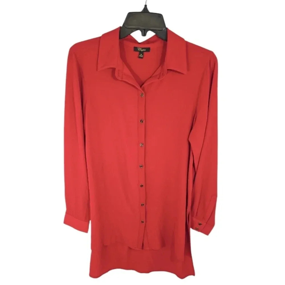 {Cupio} Red Tunic Button-Down Long Sleeve Blouse - Size Medium